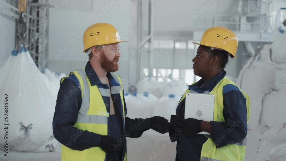 Bearded Caucasian factory worker and African American technician standing in warehouse discussing issues Bearded Caucasian factory worker and African American technician standing in warehouse discussing issues