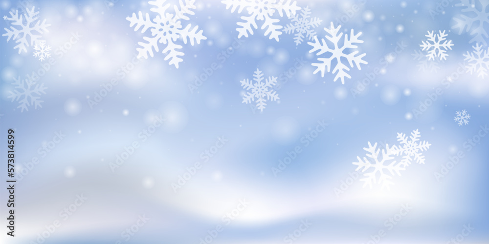Magical heavy snowflakes wallpaper. Snowfall fleck ice particles. Snowfall weather white blue composition. Flat snowflakes february vector. Snow nature landscape.