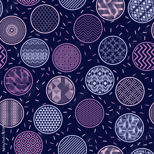 Contemporary bandana print vector seamless ornament. Round shapes with geometric