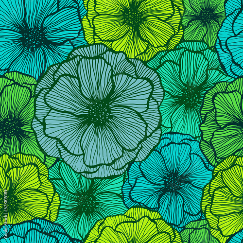Poppy flower doodle floral vector seamless pattern summer fabric print design. Line texture petals