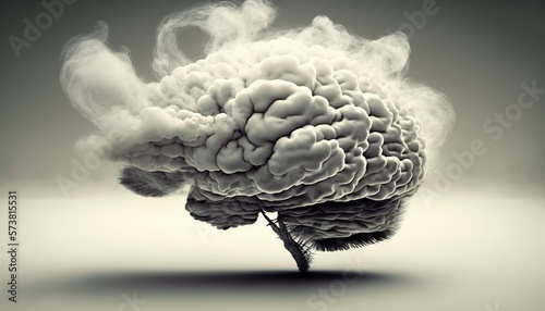  a cloud of smoke surrounds a human brain in black and white photo with a gray background and a black and white background. generative ai