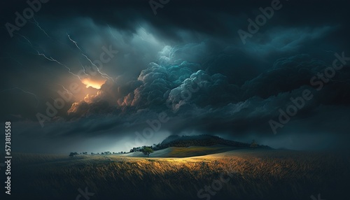  a painting of storm clouds over a field with a house on a hill in the foreground and a dark sky with lightning in the background.  generative ai © Shanti