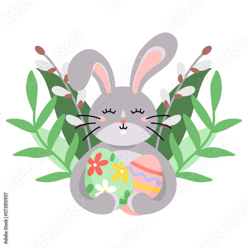 Cute easter bunny with eggs and pussy-willow in flat cartoon style.