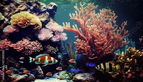  an aquarium with many different types of corals and fish swimming around the corals and corals on the bottom of the water, and on the bottom of the bottom of the picture is a coral. generative ai