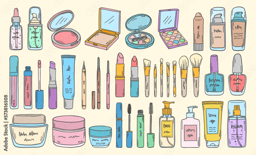 Cosmetic packs, make up and beauty products set. Beauty products sketch. Cream, serum, foundation, mascara, lipstick, eyeshadow, lotion, nail polish. Face and body skin care.