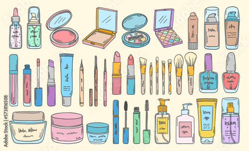 Cosmetic packs, make up and beauty products set. Beauty products sketch. Cream, serum, foundation, mascara, lipstick, eyeshadow, lotion, nail polish. Face and body skin care.