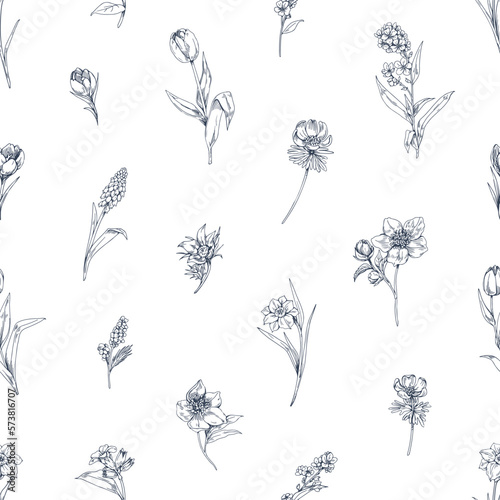 Engraved flowers pattern, botanical repeating print. Vintage outlined contoured floral plants, endless background, texture design. Etched hand-drawn vector illustration for fabric, textile, wrapping