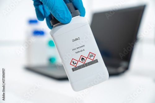 ZnBr2 zinc bromide CAS 7699-45-8 chemical substance in white plastic laboratory packaging photo