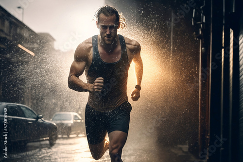 Generative Illustration AI of white Caucasian looking male athlete running/ jogging on street under the rain