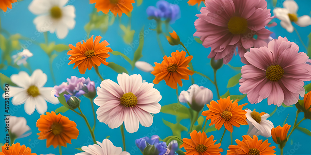 many colorful flowers with blue background, illustration, Generative, AI
