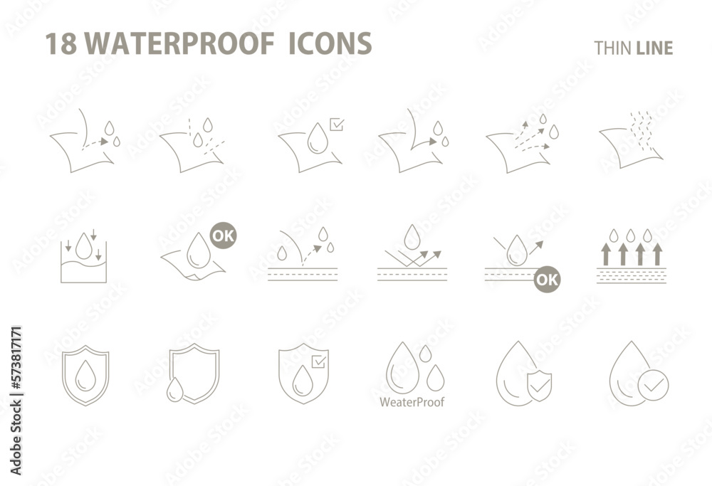 18 Waterproof icons set - vector line, editable 18 Waterproof icons set - vector line, editable