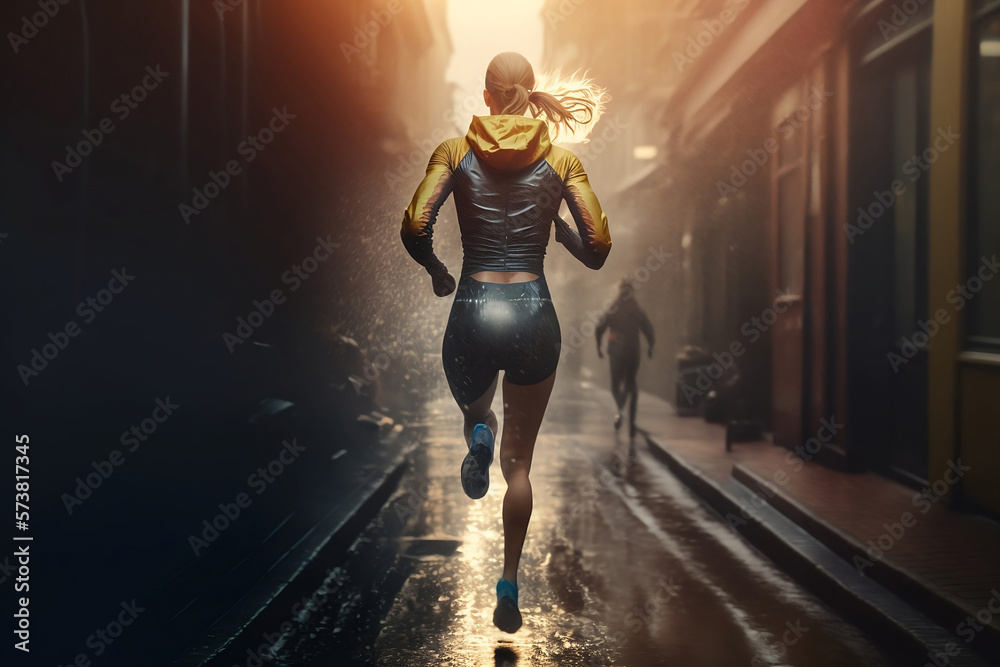 Blond hair female athlete running/ jogging on street after raining, generative ai