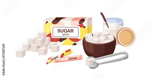 White beet granulated, refined sugar packed in box package for cube pieces, bowl, sand in jar with spoon, pliers, sweet sticks. Flat cartoon vector illustration isolated on background