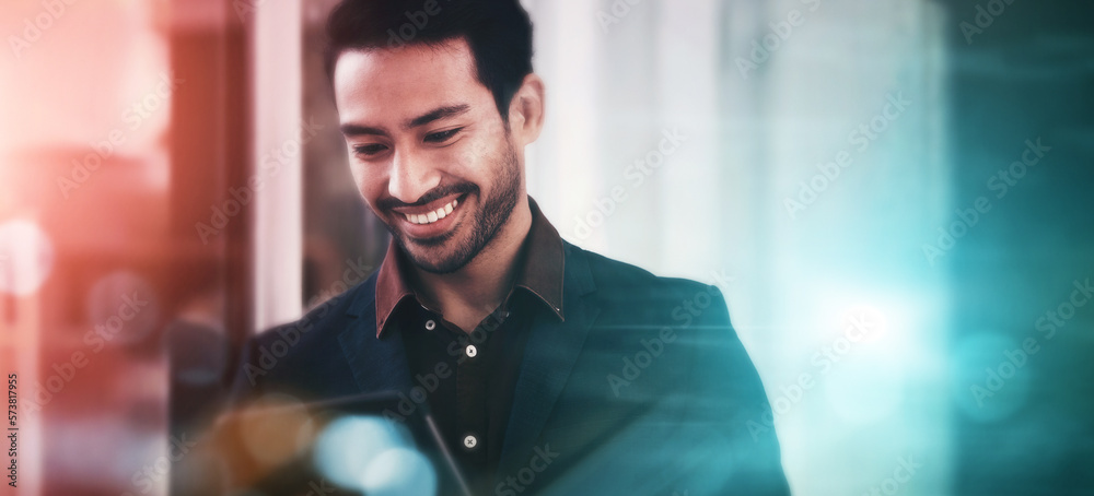 Businessman, tablet and smile at night for communication, research or browsing at the office on mockup. Happy male employee smiling with touchscreen for online marketing, advertising or search Businessman, tablet and smile at night for communication, research or browsing at the office on mockup. Happy male employee smiling with touchscreen for online marketing, advertising or search