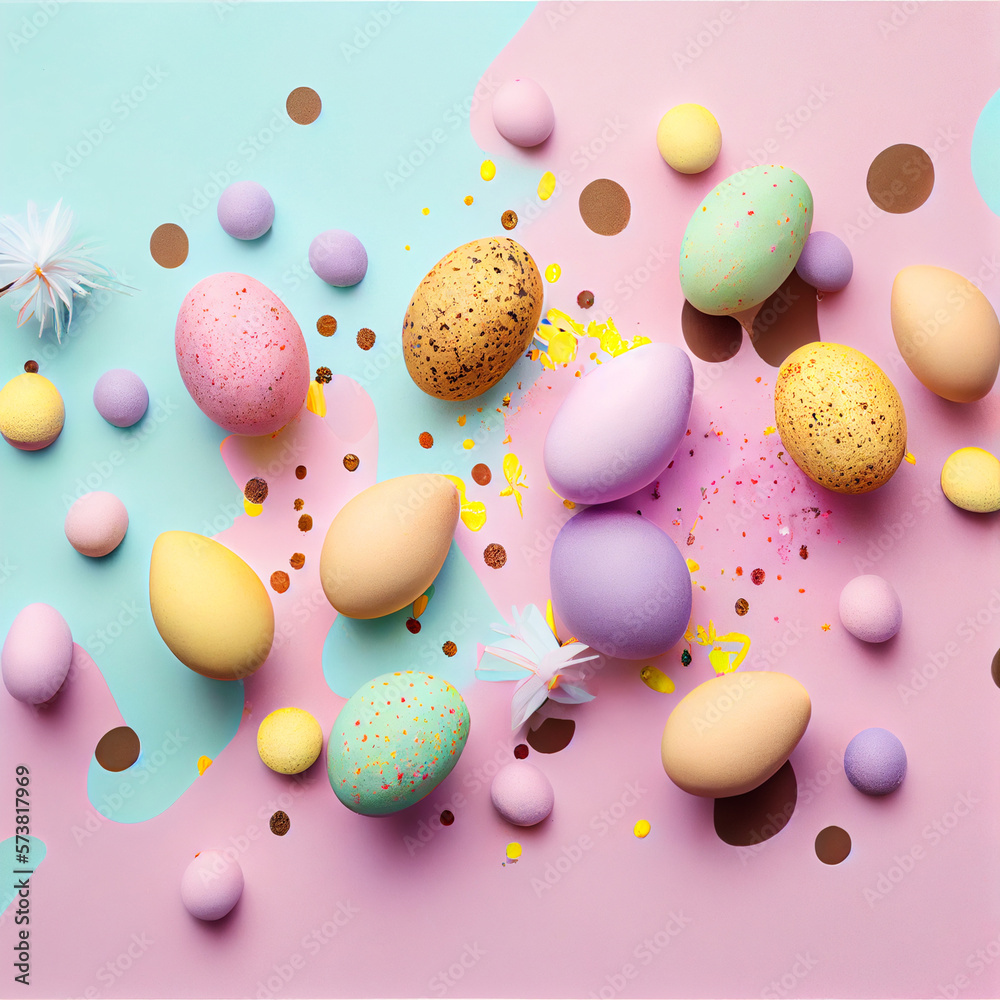 Easter composition. Easter eggs, paper blank on pastel background. Flat lay, top view, copy space