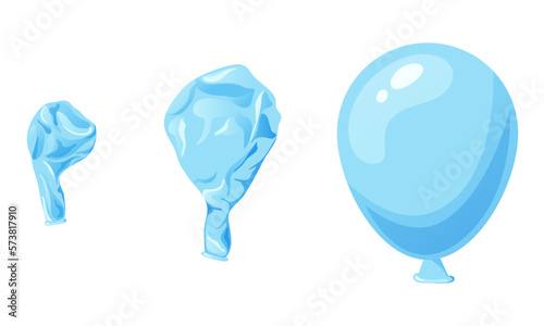 Cartoon inflatable balloon of various shapes and colors. Empty rubber blowing process. Latext uninflated element. Vector illustration on white background