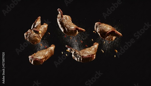  a group of raw meats being tossed in the air with spices and pepper on a black background with a few pieces of the meat on the left side.  generative ai