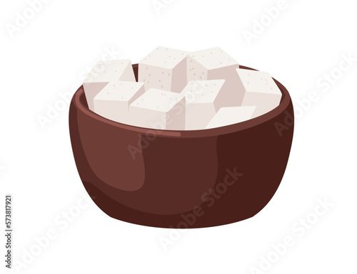 Beet refined sugar cubes, block pieces in bowl. Sweet ingredient, product, square lumps, sweetener. Flat cartoon vector illustration isolated on white background