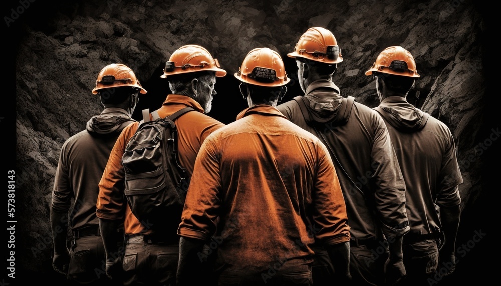 a group of men wearing hard hats standing next to each other in front ...