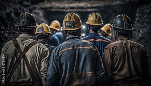  a group of men wearing hard hats standing in a mine shaft in a coal mine with one man facing the camera and the other man looking at the other man. generative ai