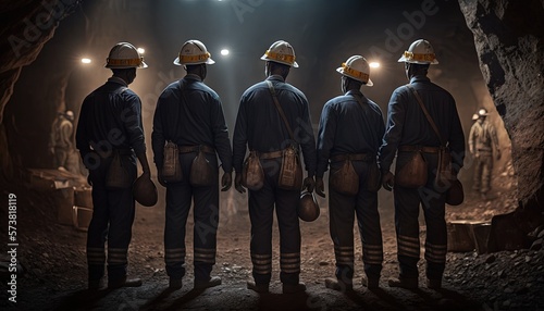  a group of men standing in a tunnel with lights on their heads and hard hats on their heads, in front of a dark cave. generative ai