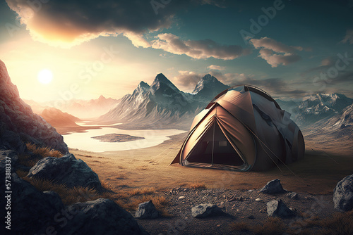 Alone tent pitched on a top a mountain, Camping at the top of the world between the clouds, picturesque landscape, travel concept.  Ai generative © Viktoriia