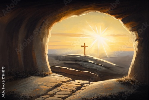 Easter Jesus Christ rose from the dead. Sunday morning. Dawn. The empty tomb in the background of the crucifixion. Happy easter. Christian symbol of faith, generative ai