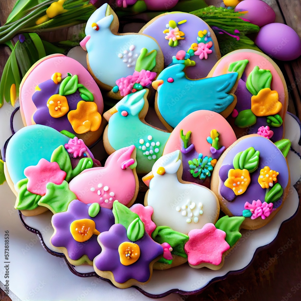 Easter Eggs Cookies with Royal Icing, Biscuit Color Eggs for Easter Design, Generative AI Illustration