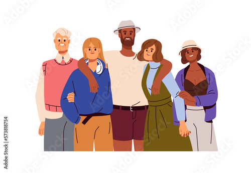 Happy united family portrait. Friendly interracial people hugging. Diverse characters in bonding good relationship, love, togetherness, support. Flat vector illustration isolated on white background