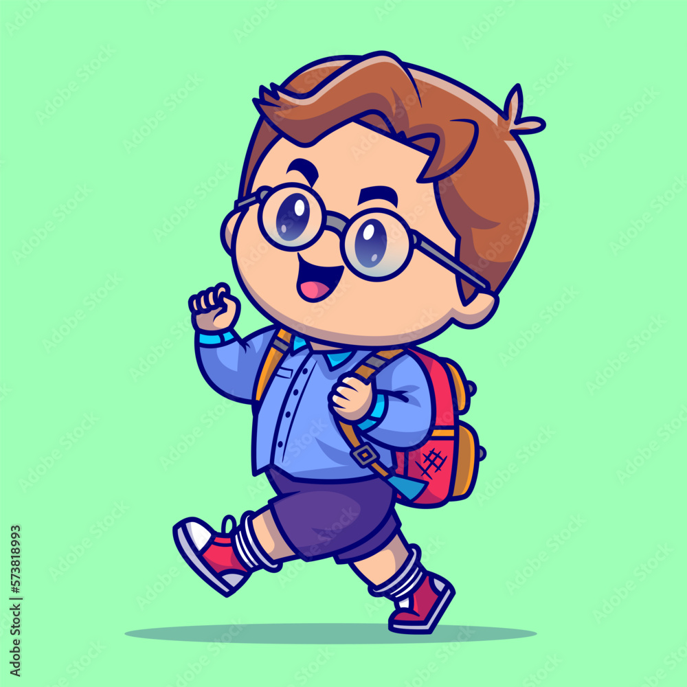 Cute Boy Going To School Cartoon Vector Icon Illustration. People Education Icon Concept Isolated Premium Vector. Flat Cartoon Style