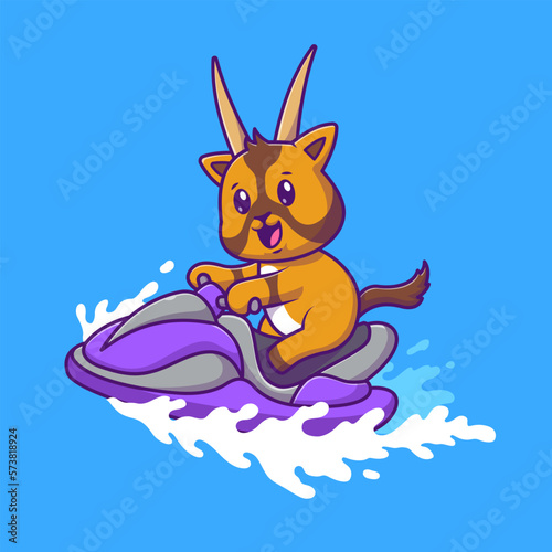 Cute Oryx Riding Ski Boat Cartoon Vector Icon Illustration. Animal Transportation Icon Concept Isolated Premium Vector. Flat Cartoon Style