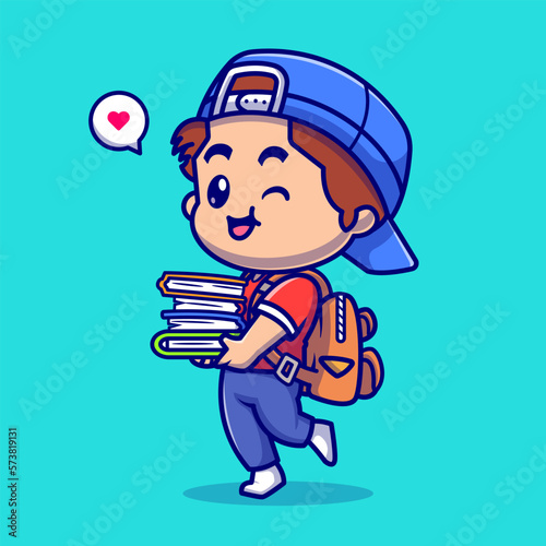 Cute Boy Going To School And Bring A Books Cartoon Vector Icon Illustration. People Education Icon Concept Isolated Premium Vector. Flat Cartoon Style