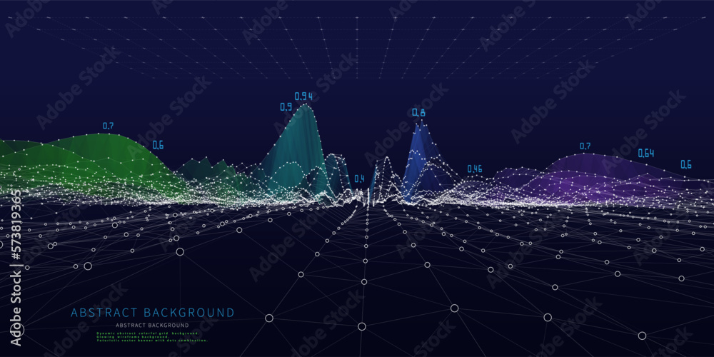 Abstract background contain wireframe wavy graph with data and dots on dark blue. Technology polygonal concept in web virtual. Banner for business, science and technology data analytics. Big Data.