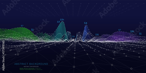 Abstract background contain wireframe wavy graph with data and dots on dark blue. Technology polygonal concept in web virtual. Banner for business, science and technology data analytics. Big Data.