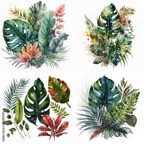 Watercolor Tropical Plants Leaves, Flower Created with Generative AI technology © Supermarket Flowers
