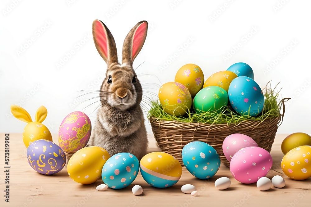 easter bunny and eggs on white background. Happy Easter! Festive Decoration for Spring Celebration. Banner