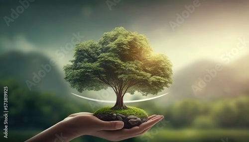  a person's hand holding a small tree and a rock in the palm of their hand, with a crescent above the tree and a crescent above the tree. generative ai
