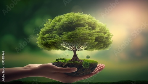  a person holding a small tree in their hand with a green background and a green sky in the background with a sun shining through the clouds. generative ai