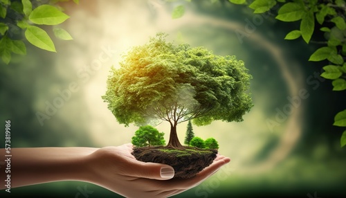  a person holding a small tree in their hands with a green background and a green circle around it to the left of the image is a green tree. generative ai