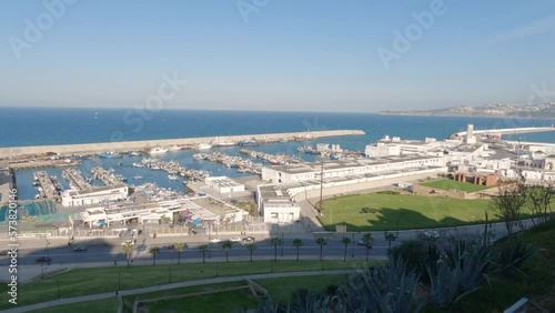 High angle pan view over Port of Tangier and fishing port, Morocco