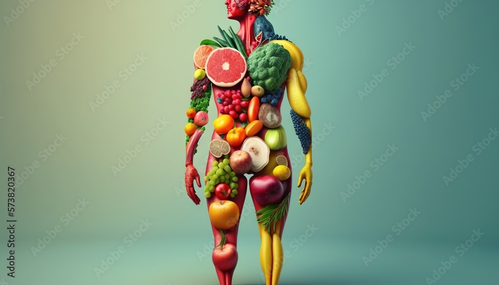  a man made of fruits and vegetables is standing in the shape of a human body with a lot of different types of food on his body.  generative ai