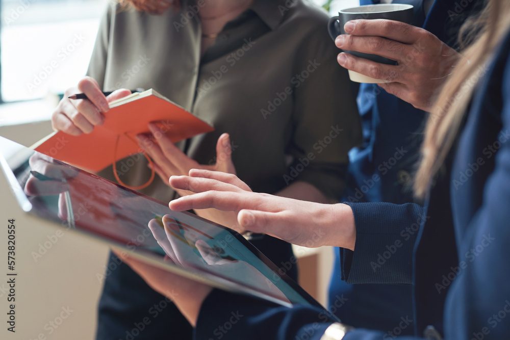 Φωτογραφία Teamwork, marketing agency or business people hands on tablet in meeting for company growth, strategy review or innovation