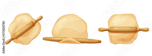 Wooden rolling pin with fresh raw dough for bakind. Cartoon homemade tasty bread. Flour in bowl or bag, organic product. Vector illustration isolated on white background