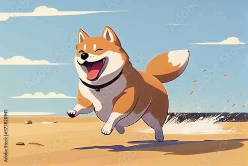 Cute cartoon shiba inu dog anime plays runs and smiles.