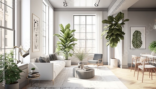  a living room filled with lots of furniture and a large plant in the corner of the room on the far side of the room is a large window.  generative ai