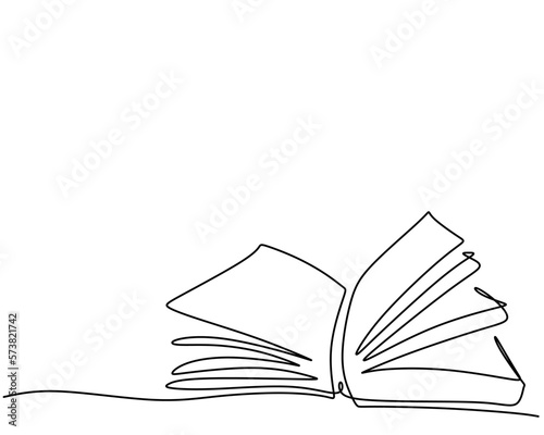 Hand drawing single one line of opened book isolated on white background.