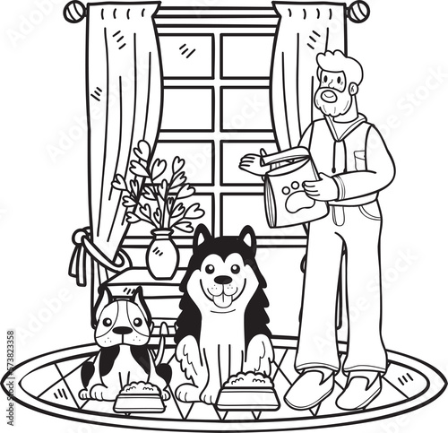 Hand Drawn Elderly feed the dog illustration in doodle style