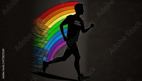  a man running in front of a rainbow colored background with the words running through the rainbow on his chest and a black background with a shadow of him. generative ai