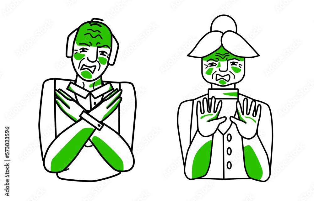 Obraz premium Old man and woman with reaction of disgust, grandfather and grandmother cover themselves with hands. Sketch style line drawing.