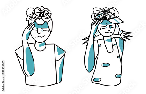Stress emotion of boy and girl, stressed teenagers cover their heads with their hands. Anxiety and pressure of brother and sister. Half body hand drawn.